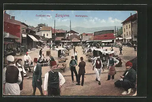 AK Sarajewo, Carsijski trg., Marktplatz mit Marktständen, Marktszene