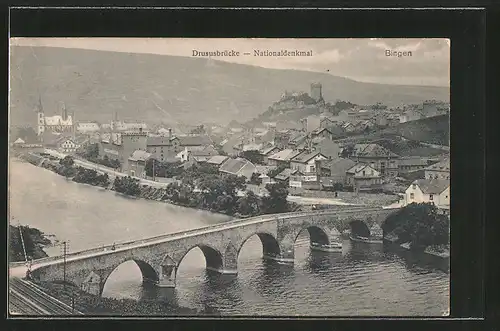 AK Bingen, Teilansicht mit Drususbrücke und Nationaldenkmal