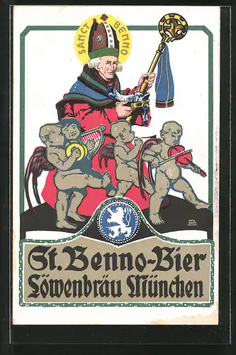 Künstler-AK Otto Obermeier: München, Brauerei-Werbung für St. Benno Bier der Löwenbräu-Brauerei, Engel musizieren