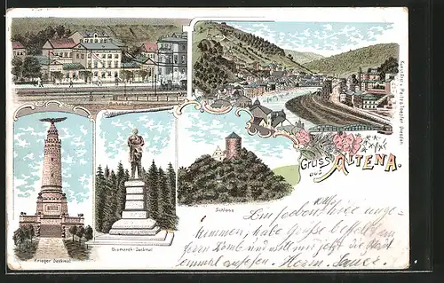 Lithographie Altena, Bahnhof, Bismarck-Denkmal, Kriegerdenkmal, Eisenbahn