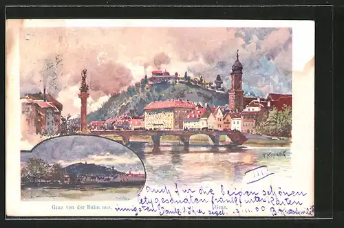 Künstler-AK Franz Kopallik: Graz, Teilansicht mit Brücke, Blick von der Bahn auf die Stadt