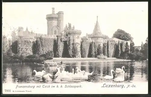 AK Laxenburg, Franzensburg mit Teich im K.k. Schloss, Schwäne