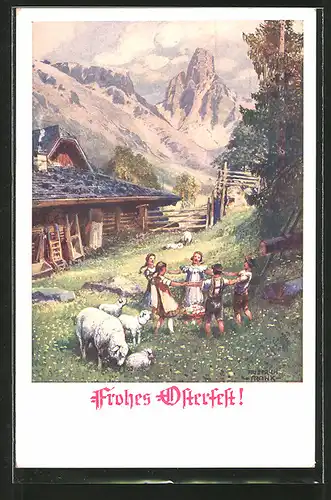AK Frohes Osterfest!, Kinder in den Alpen tanzen Ringelreihen