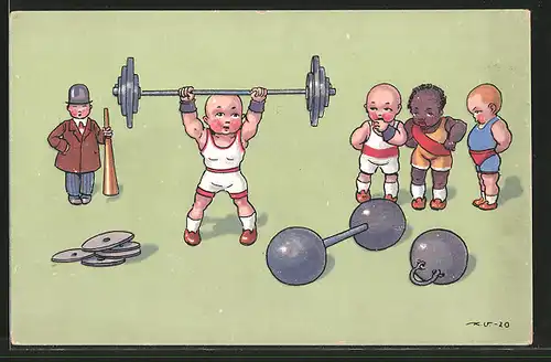 Künstler-AK Kleine Athleten beim Gewichtheben