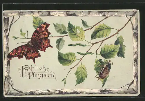 Präge-AK Fröhliche Pfingsten, Schmetterling und Maikäfer auf Birkenzweig