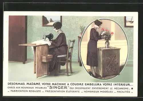 AK Désormais, Madame, votre Machine a Coudre Embellira votre Intérieur..., Reklame für Singer-Nähmaschine