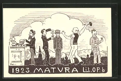Künstler-AK 1923 Matura Lit. OP.b, Absolventenhumor