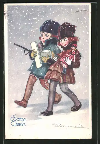 Künstler-AK Sergio Bompard: Kinder laufen mit Puppe und Geschenken durch den Schnee, Neujahr