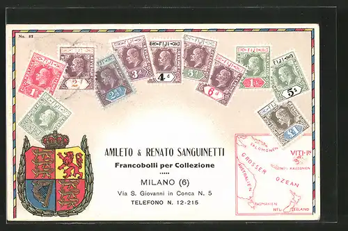 AK Fiji / Fidschi, Briefmarken von Fiji, Amleto & Renato Sanguinetti Francobolli per Collezione, Milano