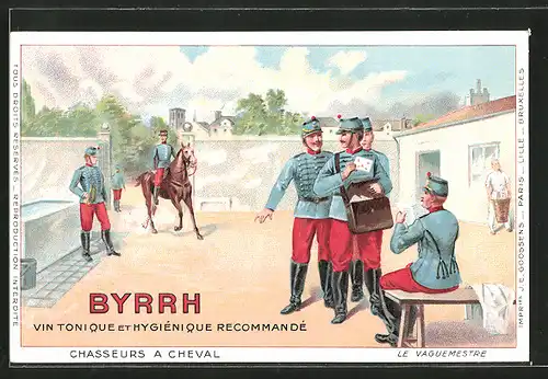 Künstler-AK Reklame für Vin Tonique Byrrh, Reiter der Kavallerie und Briefträger der Feldpost