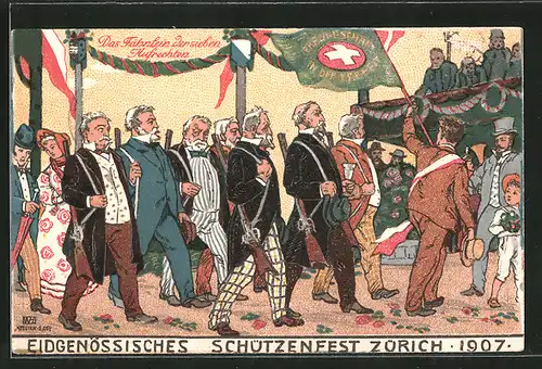 Künstler-AK Zürich, Eidgenössisches Schützenfest 1907, Fähnlein der sieben Aufrechten