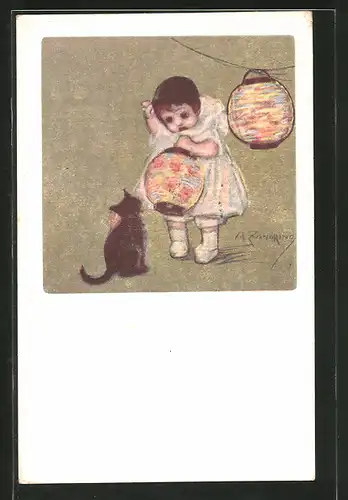 Künstler-AK A. Zandrino: Kleinkind mit Laterne und Katze