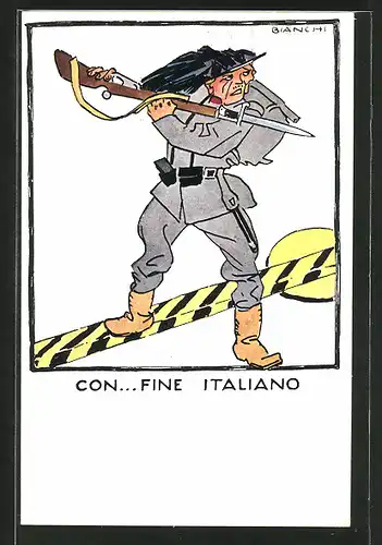 Künstler-AK Bianchi: Con...Fine Italiano, Soldat mit Gewehr und aufgepflanztem Bajonett