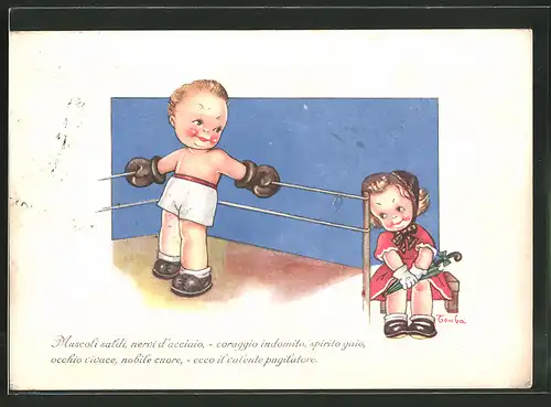 Künstler-AK kleiner Boxer steht im Ring und guckt zu seiner Liebsten