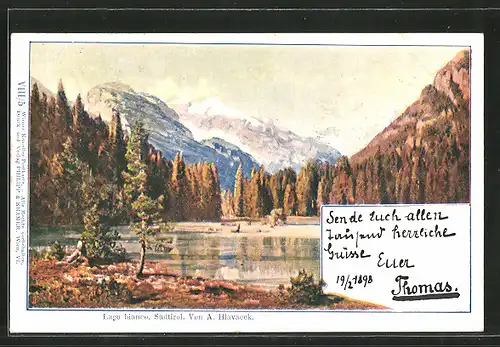 Künstler-AK Anton Hlavacek: Lago Bianco, Blick auf den See in Südtirol