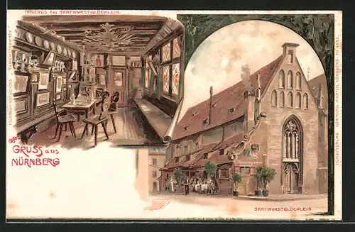 Künstler-Lithographie Erwin Spindler: Nürnberg, Gasthaus Bratwurstglöcklein, Aussen- u. Innenansicht