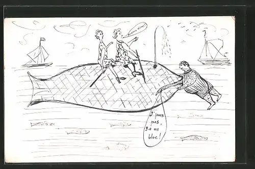 Künstler-AK Handgemalt: zwei Damen sitzen auf einem Wal, Segelboot