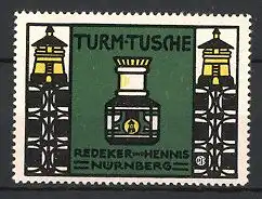 Reklamemarke Nürnberg, Turm-Tusche Redeker & Hennis, Flasche mit Tusche & Leuchttürme
