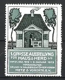 Reklamemarke Metz, 1. Grosse Ausstellung für Haus & Herd, Dienstmagd am Herd stehend