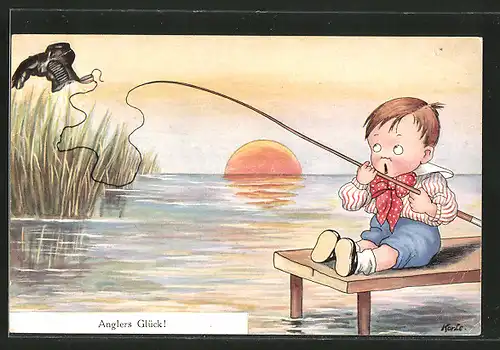 Künstler-AK Korle: Anglers Glück!, kleiner Junge hat einen Schuh geangelt