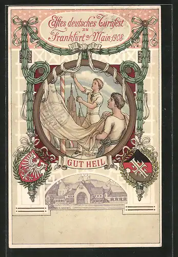 Künstler-Lithographie Frankfurt, 11. Dt. Turnfest 1908, Turner hissen die Flagge, Wappen, Ganzsache