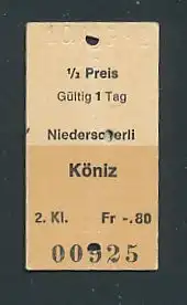 Fahrkarte Niederscherli - Köniz, 2. Klasse