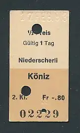 Fahrkarte Niederscherli - Köniz, 2. Klasse