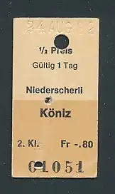 Fahrkarte Niederscherli - Köniz, 2. Klasse