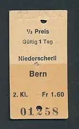 Fahrkarte Niederscherli - Bern, 2. Klasse