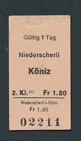 Fahrkarte Niederscherli - Köniz, 2. Klasse