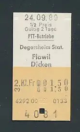 Fahrkarte Degersheim Stat. - Flawil / Dicken, 2. Klasse