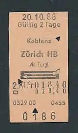 Fahrkarte Koblenz - Zürich HB, 2. Klasse