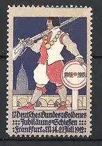 Reklamemarke Frankfurt / Main, 17. Deutsches Goldenes Jubiläums-Schiessen 1912, Schützenkönig mit Gewehr und Zielscheibe