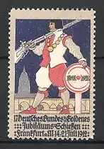 Reklamemarke Frankfurt / Main, 17. Deutsches-Goldenes Jubiläums-Schiessen 1912, Schützenkönig mit Gewehr & Zielscheibe