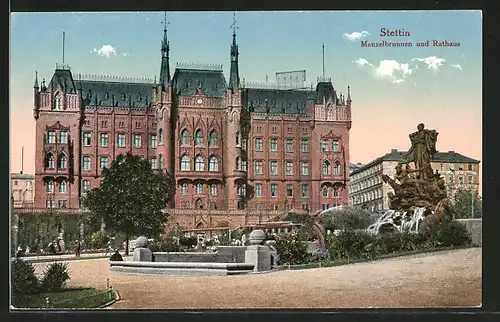 AK Stettin, Manzelbrunnen & Rathaus