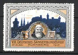 Reklamemarke Nürnberg, VIII. Deutsches Sängerbundesfest 1912, Stadtsilhouette & Portrait Hans Sachs