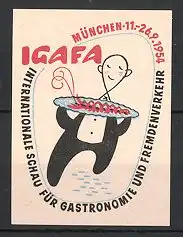 Reklamemarke München, IGAFA Int. Schau für Gastronomie & Fremdenverkehr 1954, Kellner serviert Speise