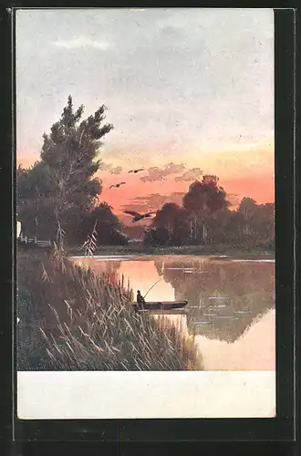 Künstler-Lithographie Brüder Kohn (B.K.W.I) Nr. 601-3: Angler in Boot auf See