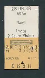 Fahrkarte Flawil - Arnegg - St. Gallen - Winkeln, 2. Klasse