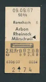Fahrkarte Rorschach - Arbon - Rheinbeck - Mörschwil, 2. Klasse