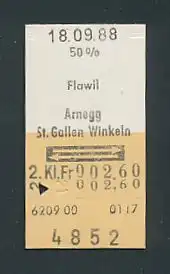 Fahrkarte Flawil - Arnegg - St. Gallen - Winkeln, 2. Klasse