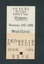 Fahrkarte Gossau - Waldkirch, 2. Klasse