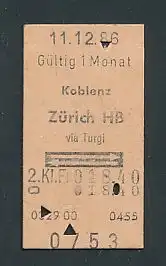 Fahrkarte Koblenz - Zürich HB via Turgi, 2. Klasse