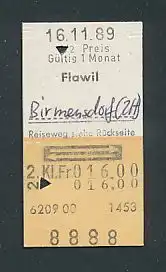 Fahrkarte Flawil - Birmensdorf, 2. Klasse