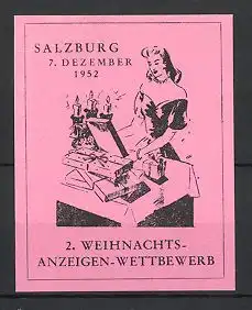 Reklamemarke Salzburg, 2. Weihnachts-Anzeigen Wettbewerb 1952, hübsche Frau packt Weihnachtsgeschenke ein, rosa