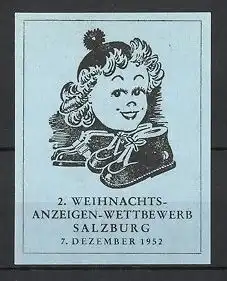 Reklamemarke Salzburg, 2. Weihnachts-Anzeigen Wettbewerb 1952, Mädchen mit neuen Schuhen, blau