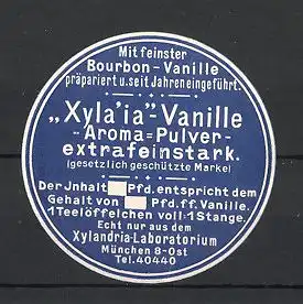 Reklamemarke München, Xyla'ia Vanille Aroma-Pulver, Xylandria-Laboratorium