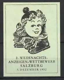 Reklamemarke Salzburg, 2. Weihnachts-Anzeigen Wettbewerb 1952, Mädchen mit neuen Schuhen, grün