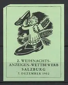 Reklamemarke Salzburg, 2. Weihnachts-Anzeigen Wettbewerb 1952, Weihnachtsengel mit neuen Schuhen, grün