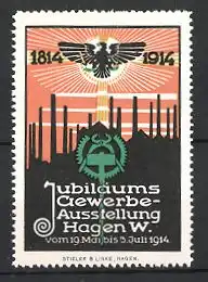 Reklamemarke Hagen, Gewerbe-Ausstellung 1914, Zunftwappen & Silhouette Industriegelände